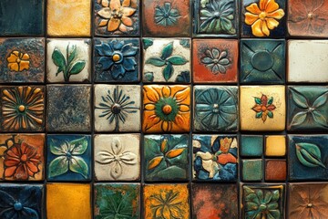 artistically designed ceramic tiles in a mosaic pattern, perfect for interior design enthusiasts, with a handmade concept banner