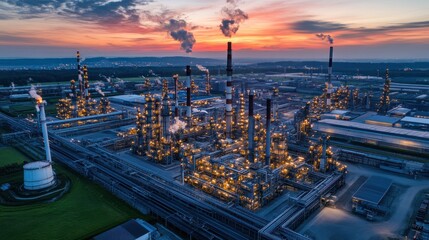Fototapeta premium Industrial complex with smokestacks and illuminated structures at sunset.