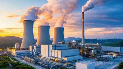 Industrial facility with cooling towers and smokestacks at sunset.