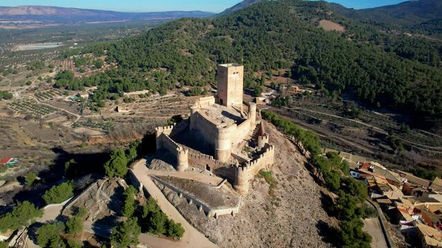 Spain. medieval castle  Biar, Sierra de Mariola in the Vinalopo Valley in the province of Alicante . aerial drone 4k HD video
