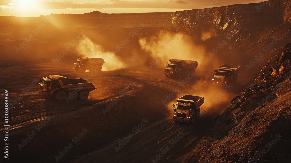 Wall mural Dusty mining site with large trucks transporting materials at sunset.