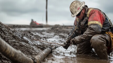 Fototapeta premium Technician Repairing Equipment in Muddy Field