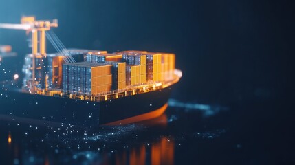 Obraz premium A detailed rendering of a cargo ship loaded with containers, set against a dark background.