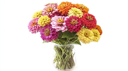 A vibrant bouquet of colorful zinnias in a clear vase, showcasing nature's beauty.