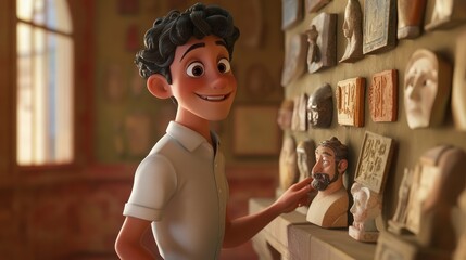 Fototapeta premium A young boy smiles while examining sculptures on a wall in a warm, inviting space.