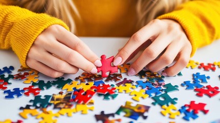 A person assembling a colorful jigsaw puzzle on a table.