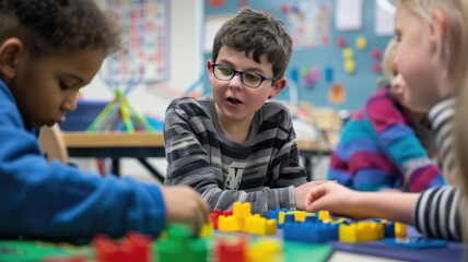 Obraz premium Group of children playing and learning together in a classroom.