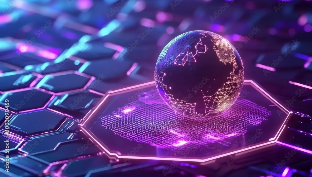 Poster polygon lines and dots connected to a global world network.