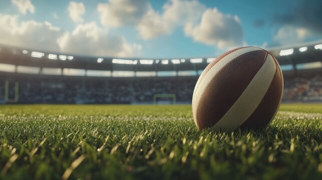 Sports betting concept. Rugby ball on football stadium.