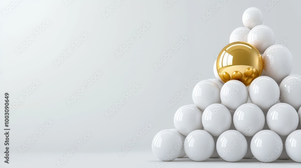 Poster render, abstract minimalist geometric background. a gold ball is centered in a triangular pile of wh