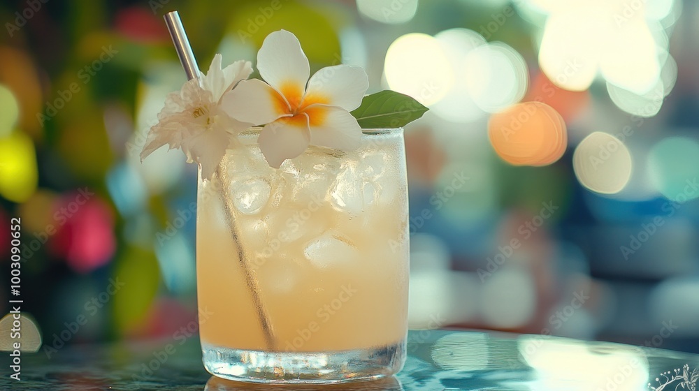 Wall mural A refreshing cocktail garnished with a flower, served in a glass with ice.