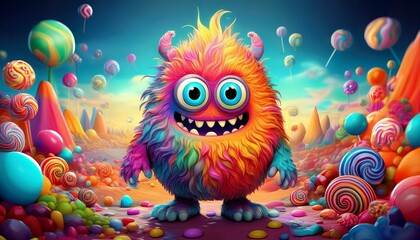 Fototapeta premium An adorable monster character with oversized eyes and bright, funky colors, standing in a fun, cartoonish landscape filled with candy and playful elements