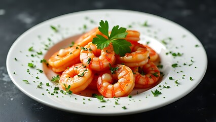 Close-up of a plate with cooked shrimp seasoned with herbs.