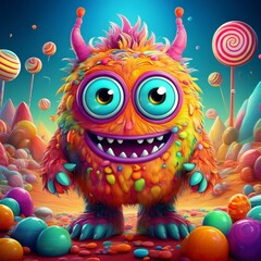 Naklejka premium An adorable monster character with oversized eyes and bright, funky colors, standing in a fun, cartoonish landscape filled with candy and playful elements