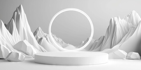 3D Render of abstract geometric shape, cylinder and tori.
