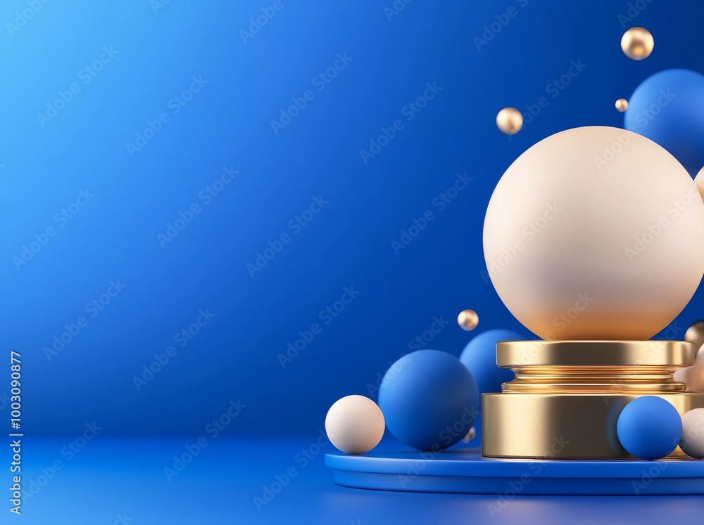 Poster objects on a background of blue balls: abstract geometric design in 3d with a gold cone in the middl
