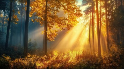Obraz premium Sunlight cascades through tall trees in a tranquil forest, illuminating the vibrant autumn leaves and creating a peaceful atmosphere at dawn