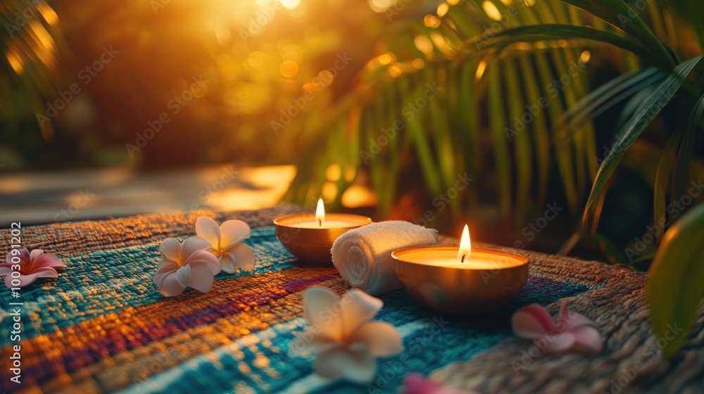 Poster A serene spa setting with candles, towels, and flowers, evoking relaxation and tranquility.