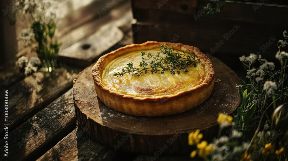 Poster A delicious quiche garnished with herbs, placed on a rustic wooden surface.