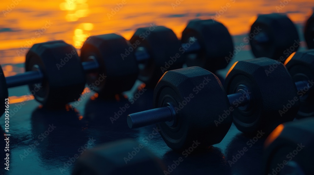 Poster a close-up of dumbbells arranged on a surface, illuminated by a sunset glow.