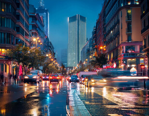 Fototapeta premium A busy urban street at night with skyscrapers lit up and traffic moving below. Neon signs, t