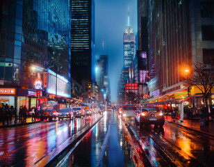 Naklejka premium A busy urban street at night with skyscrapers lit up and traffic moving below. Neon signs, t