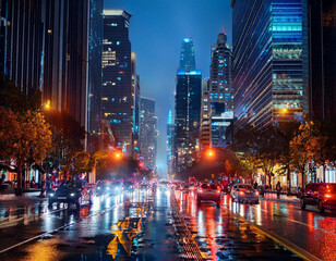 A busy urban street at night with skyscrapers lit up and traffic moving below. Neon signs, t