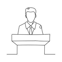 Dessin en ligne continue d'un homme faisant un discours derrière un pupitre, line art, vecteur