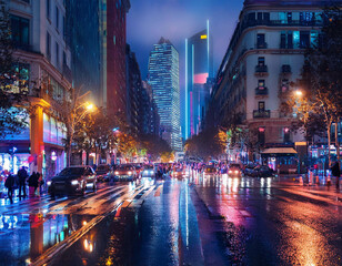 Obraz premium A busy urban street at night with skyscrapers lit up and traffic moving below. Neon signs, t
