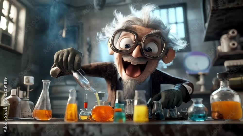 Poster a cartoon scientist in a laboratory pouring liquid from a beaker to a test tube.. ai generation