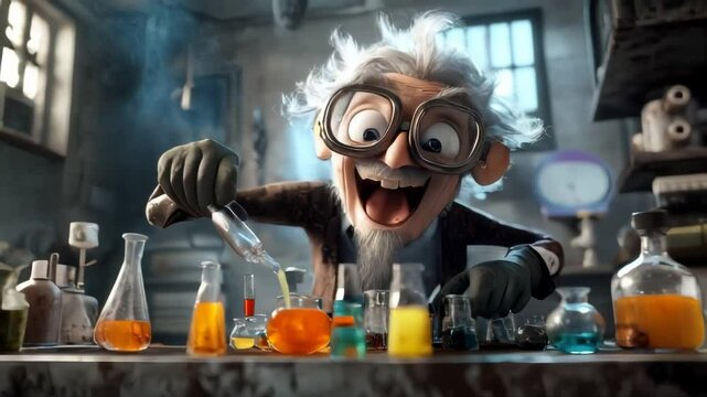 A cartoon scientist in a laboratory pouring liquid from a beaker to a test tube.. AI Generation