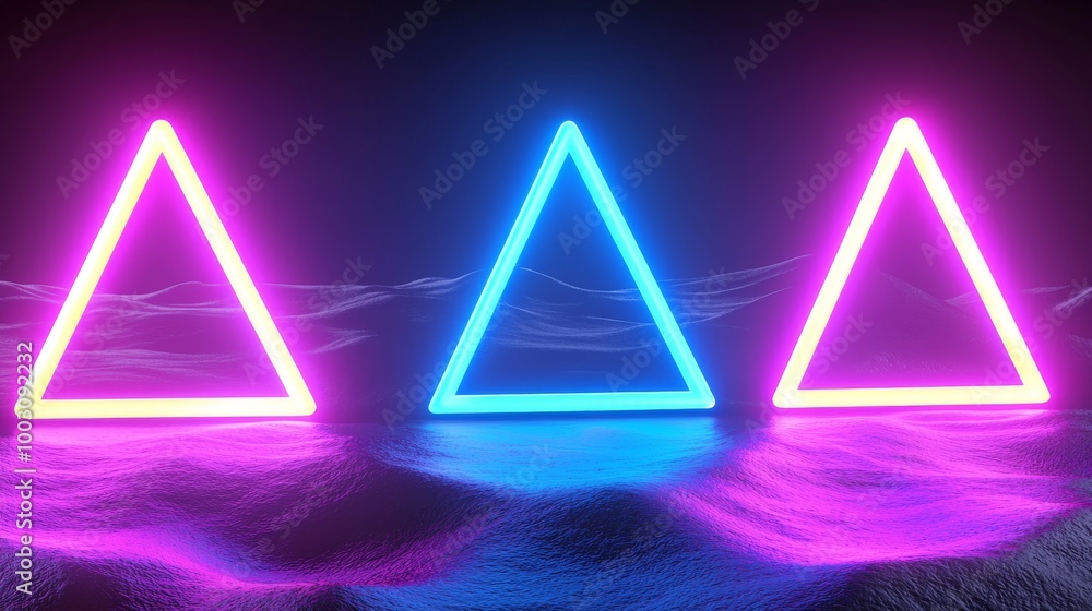 Poster an abstract neon background with glowing mountains and geometric triangular frames.