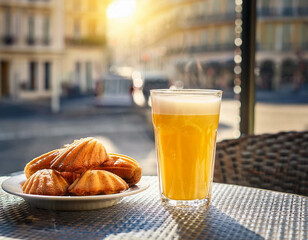 A classic French breakfast setting with a plate of buttery madeleines, a steaming cappuccino