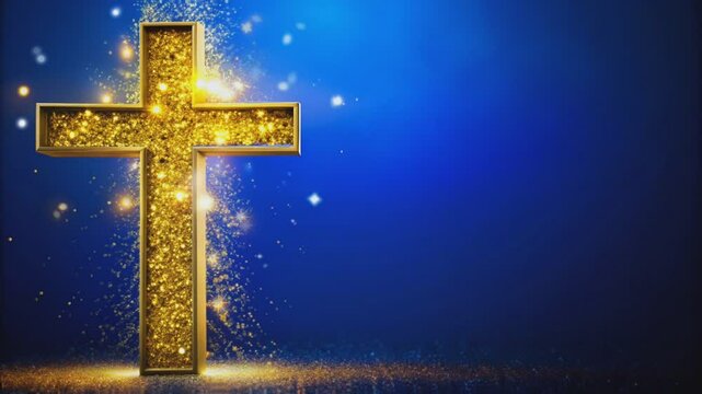Golden Cross with Sparkles on Blue Background