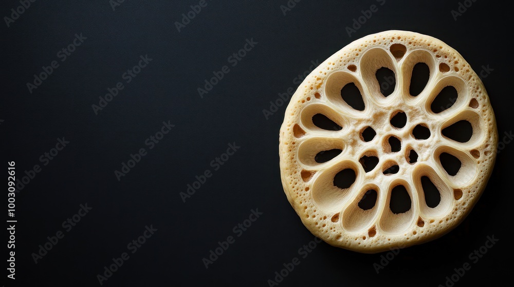 Poster a sliced lotus root showcasing its unique, intricate pattern against a dark background.