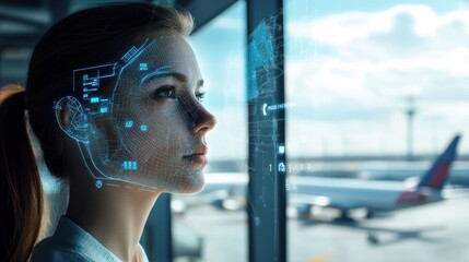 Woman at airport uses future facial recognition technology, depicted by digital face map overlay, symbolizing futuristic travel security