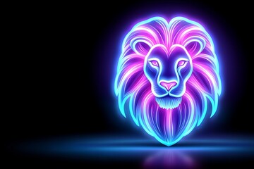 The geometric cyberdelic lion head neon effect is glowing with its face in a polygon abstract pattern.