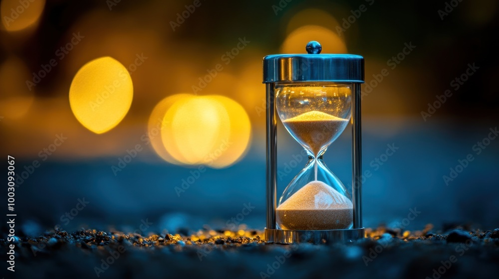 Poster an hourglass on a textured surface with a blurred bokeh background, symbolizing time.