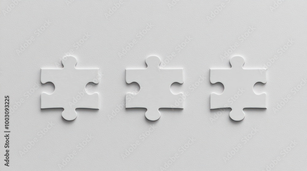 Poster three white puzzle pieces on a plain background, symbolizing connection and problem-solving.
