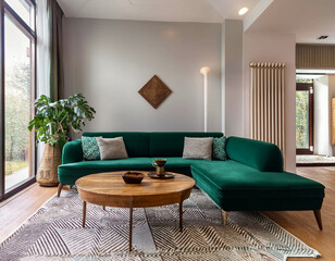 A chic, mid-century modern living room with a velvet emerald green sofa, a walnut coffee tab
