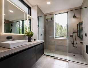 A chic, modern bathroom with a walk-in shower enclosed by frameless glass, a floating vanity