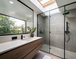 A chic, modern bathroom with a walk-in shower enclosed by frameless glass, a floating vanity