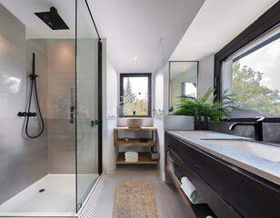 Fototapeta premium A chic, modern bathroom with a walk-in shower enclosed by frameless glass, a floating vanity