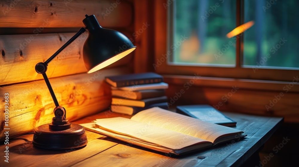 Poster a cozy reading nook with a lamp illuminating an open book and stacked volumes.