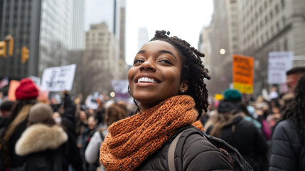 A joyful young woman laughing in the midst of a peaceful city protest, representing activism, empowerment, and positive energy in a diverse crowd.

