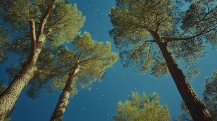A serene view of tall trees reaching towards a starry night sky.