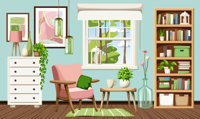 Living room interior design with blue walls, a pink armchair, a bookcase, a white dresser, pictures on the wall, pendant light, and houseplants. Cozy room interior design. Cartoon vector illustration