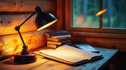 A cozy reading nook with a lamp illuminating an open book and stacked volumes.