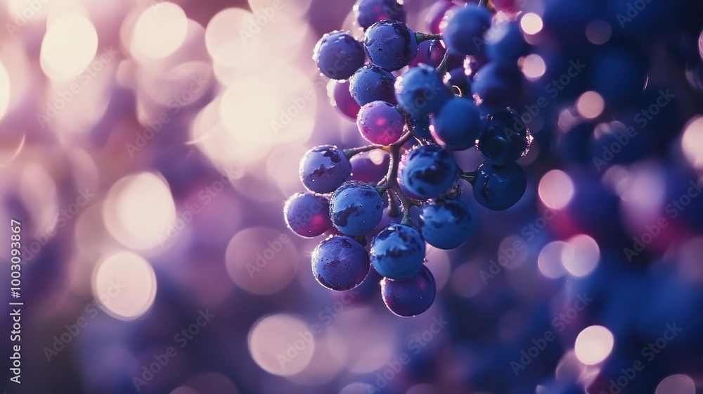 Poster a close-up of grapes with a soft, blurred background, emphasizing their rich color and texture.