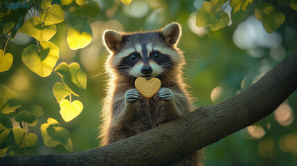 Obraz premium Raccoon holding heart-shaped cookie on tree branch, cute animal moment in nature, wildlife love concept